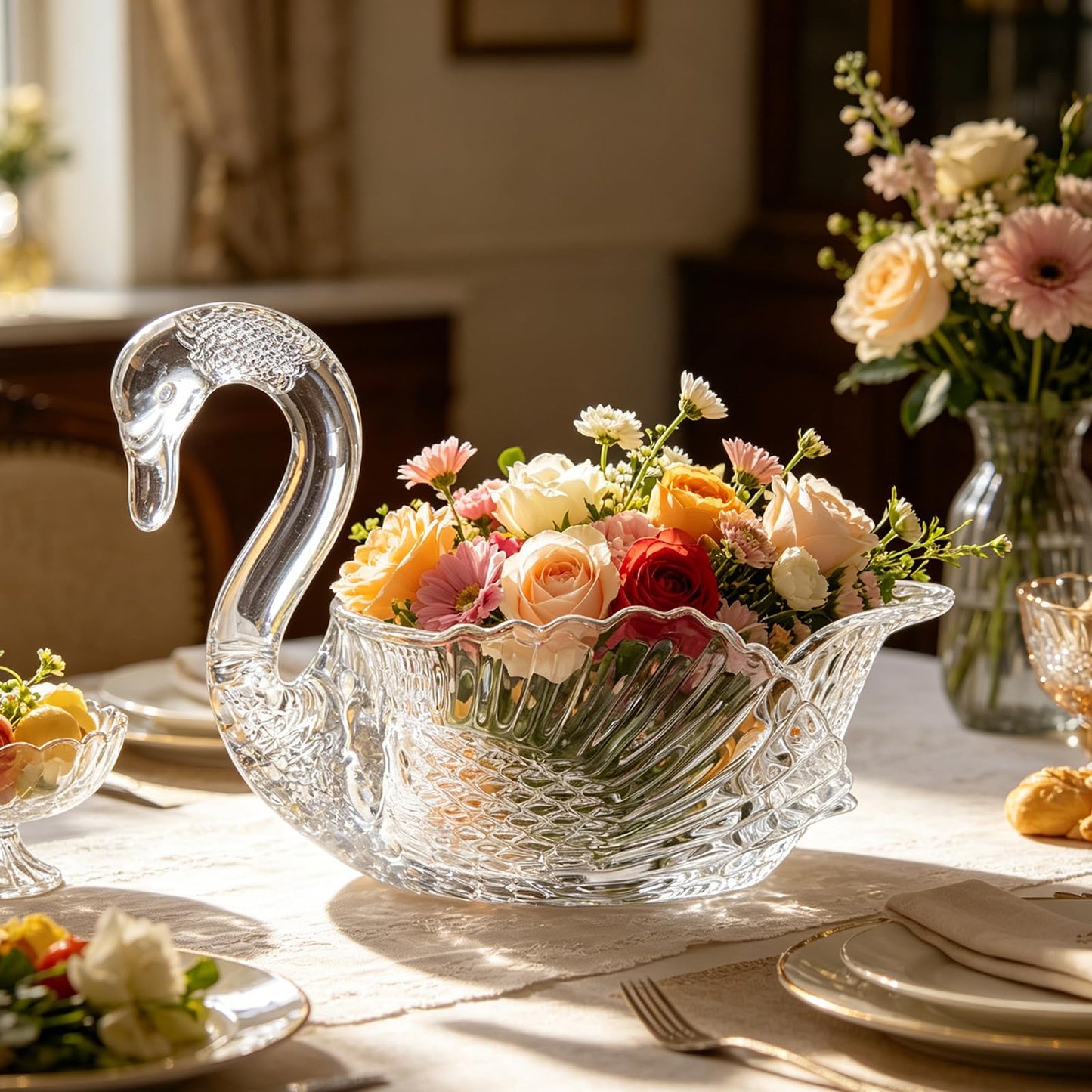 Wenceda Clear Crystal Swan Decorative Bowl,11.6"x6.9" Glass Bowl for Fruits Candy Tabletop Swan Design Centerpiece Bowl Snack Plate