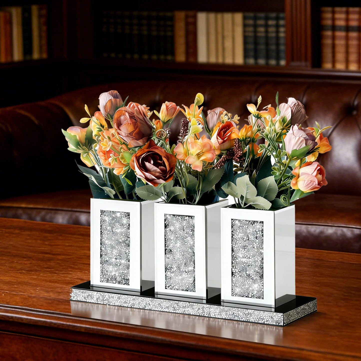 Pibeyer Crystal Crush Diamond Jar Table Centerpiece Decorations for Dining Room, Coffee Table Decor Wooden Tray with 3 Mirrored Jars Artificial Plants for Kitchen, Living Room, Home Décor