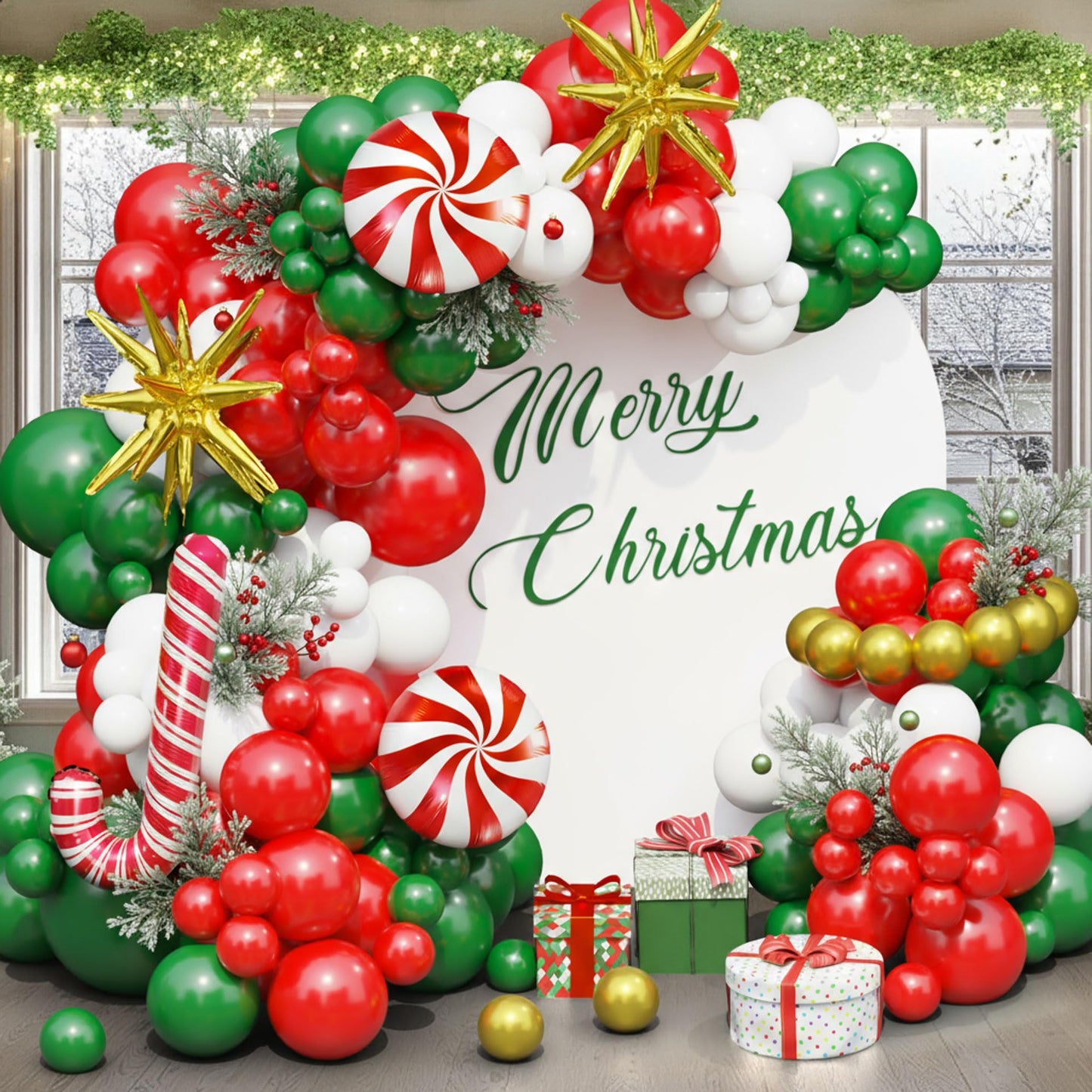 Ceeulvu Christmas Balloon Arch Kit, Red Green Gold White Balloon Garland with Star Candy Cane Foil Balloons for Xmas Party