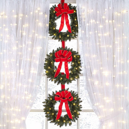 BrylaneHome Set of 3 Pre-Lit 16 inch Christmas Wreaths with 20 Warm Lights & Timer Function, Pre-Decorated, Cordless, No Outlet Required - Poinsettia