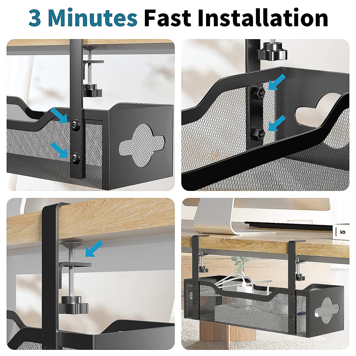 Under Desk Cable Management Tray No Drill, Metal Mesh Cable Management Under Desk with Clamp Mount, 2 Hole Cable Tray with Wire Management and Cord Organizer for Home Office Standing Desk