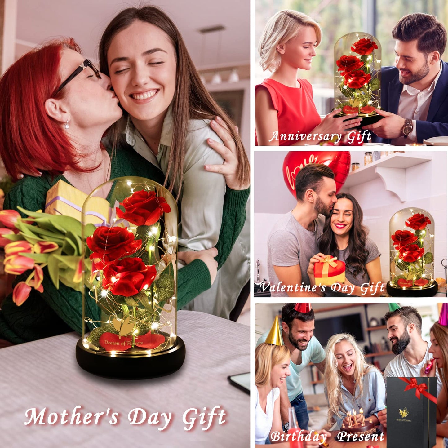 Dream of Flowers Gifts for Mom Mothers Day Birthday Gifts for Women,Beauty and The Beast Rose in Glass Dome,Anniversary Rose Gifts for Wife,Romantic Red Silk Rose Flower Gifts for Women