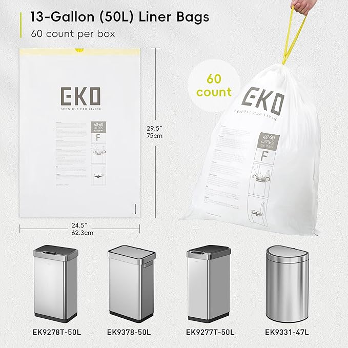 EKO 13 Gallon / 40-60 Liter, Extra-Strong Unscented Garbage Bags, Easy-Dispense