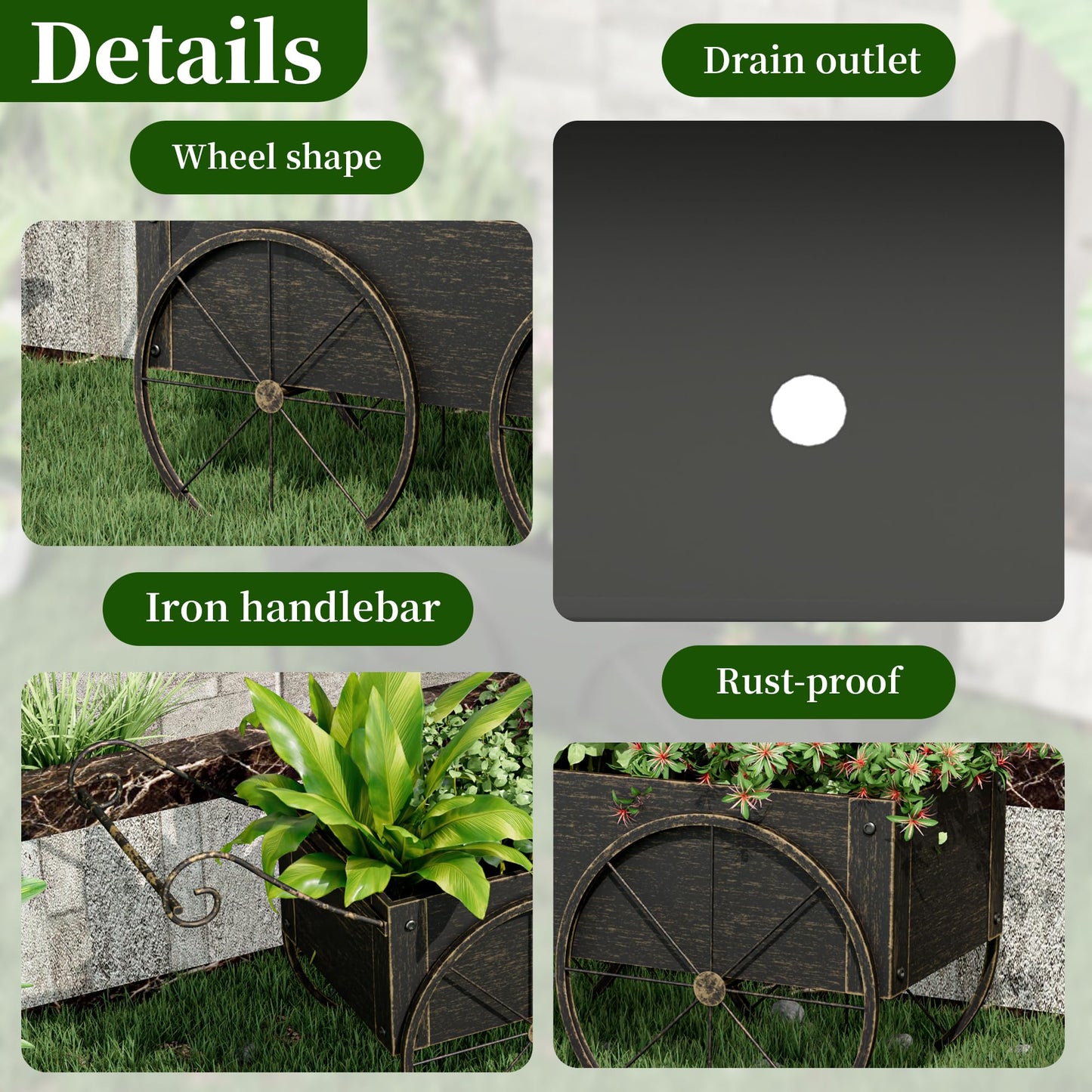 Athuiline Metal Raised Garden Bed with Wagon Wheels, Small Planter Raised Beds, Outdoor Planter Box for Flowers Herbs, Vegetables, Decorative Flower Cart for Patio, Balcony (Retro Gold)
