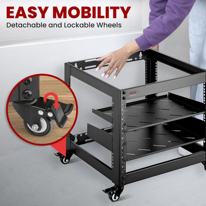 Pyle 10U Network Cabinet - Enclosed Wall Mount Server Rack w/Fan, Lockable Door, Heavy-Duty Wheels, Steel Construction, Vented Shelves, Easy Access, 19" Equipment Compatible, 20 x 20 x 17 in (Black)