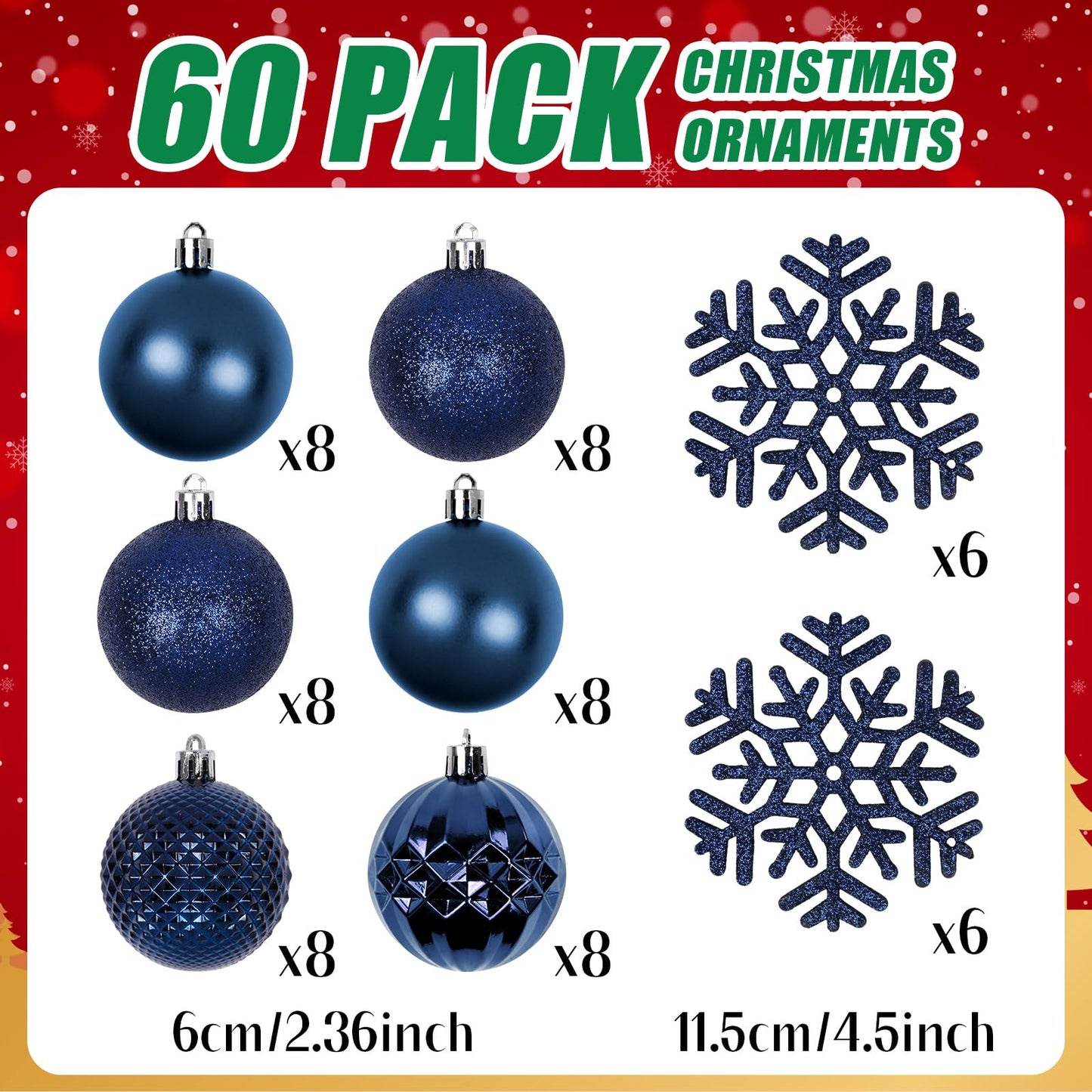 Christmas Tree Decorations Ornament Set, 60ct 2.36 Inches Blue Shatterproof Christmas Ball Ornaments, Hanging Ball for Xmas Holiday Wedding Party Decor