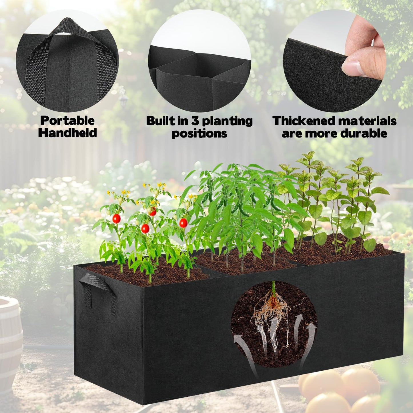 CIEOVO 4 Pack Fabric Raised Garden Bed, 22 Gallon 3 Grids Breathable Garden Growing Bags with Handle, Garden Grow Planter Bags Plant Bed for Growing Herbs Flowers and Vegetables