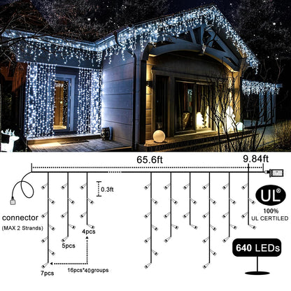 Icicle Christmas Lights Outdoor - 66ft 640 LED Icicle Lights for Outside 8 Modes with 120 Drops, Waterproof Plug in Fairy String Lights for Party Holiday Wedding Christmas Decoration, Cool White