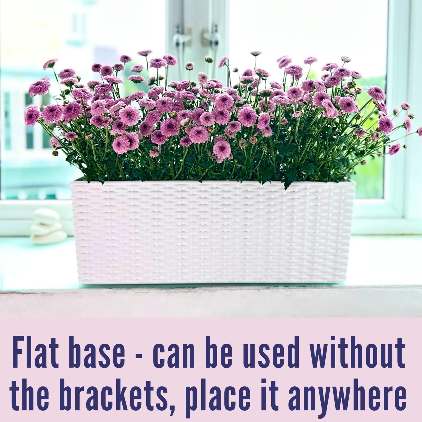 LaLaGreen Outdoor Rail Planter for Balcony (20 Inch, 2 Pack) Large White Self Watering Railing Planters with Brackets, Rectangular Plastic Fence Modern Window Boxes Designer Choice with Rattan Pattern