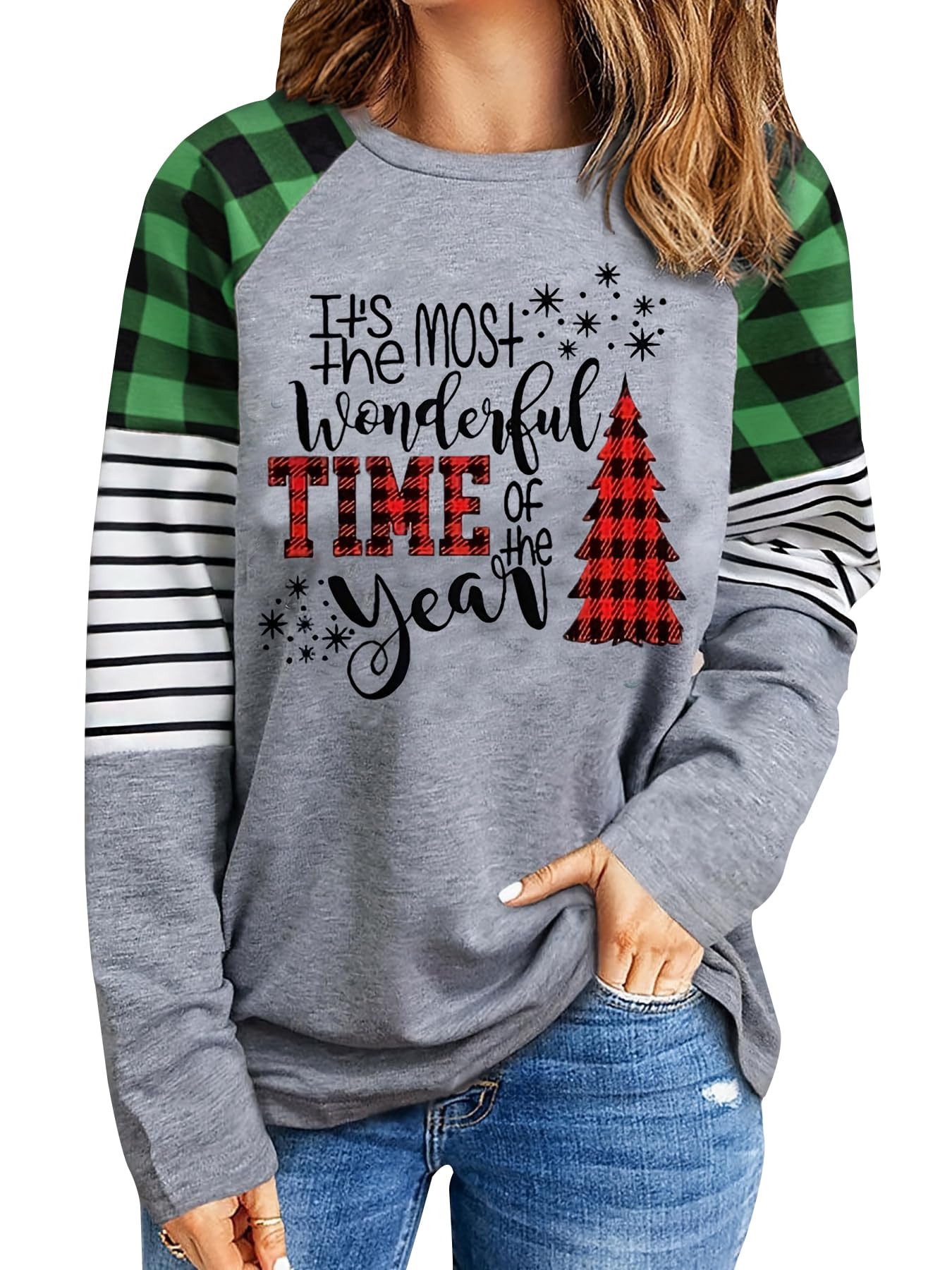 Merry Christmas Shirt for Women Leopard Plaid Christmas Tree Plus Size Long Sleeve Holiday Tee Tops (Green1,L)