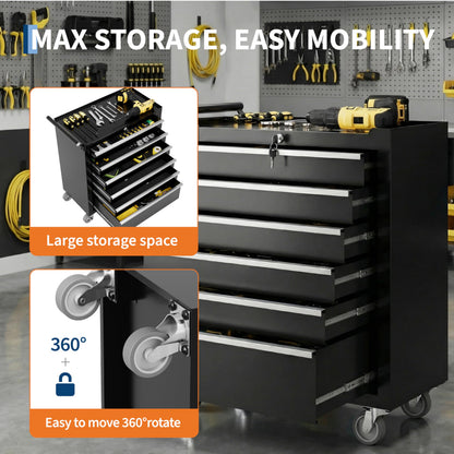 PeakPursuit 6-Drawers Rolling Tool Chest, Portable Tool Box with Wheels and Lock System, Secure Storage Cabinet for Warehouse, Workshop, and Repair Shop, Black