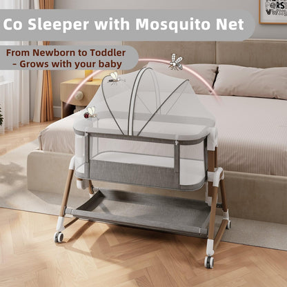 WinkleStar Baby Bassinet Bedside Sleeper with Mattress, 6-Level Height Adjustable Co Sleeper Bassinet, Rocking Baby Crib with Mosquito Net, 360° Wheels & Storage Basket – Premium Linen & Metal Frame