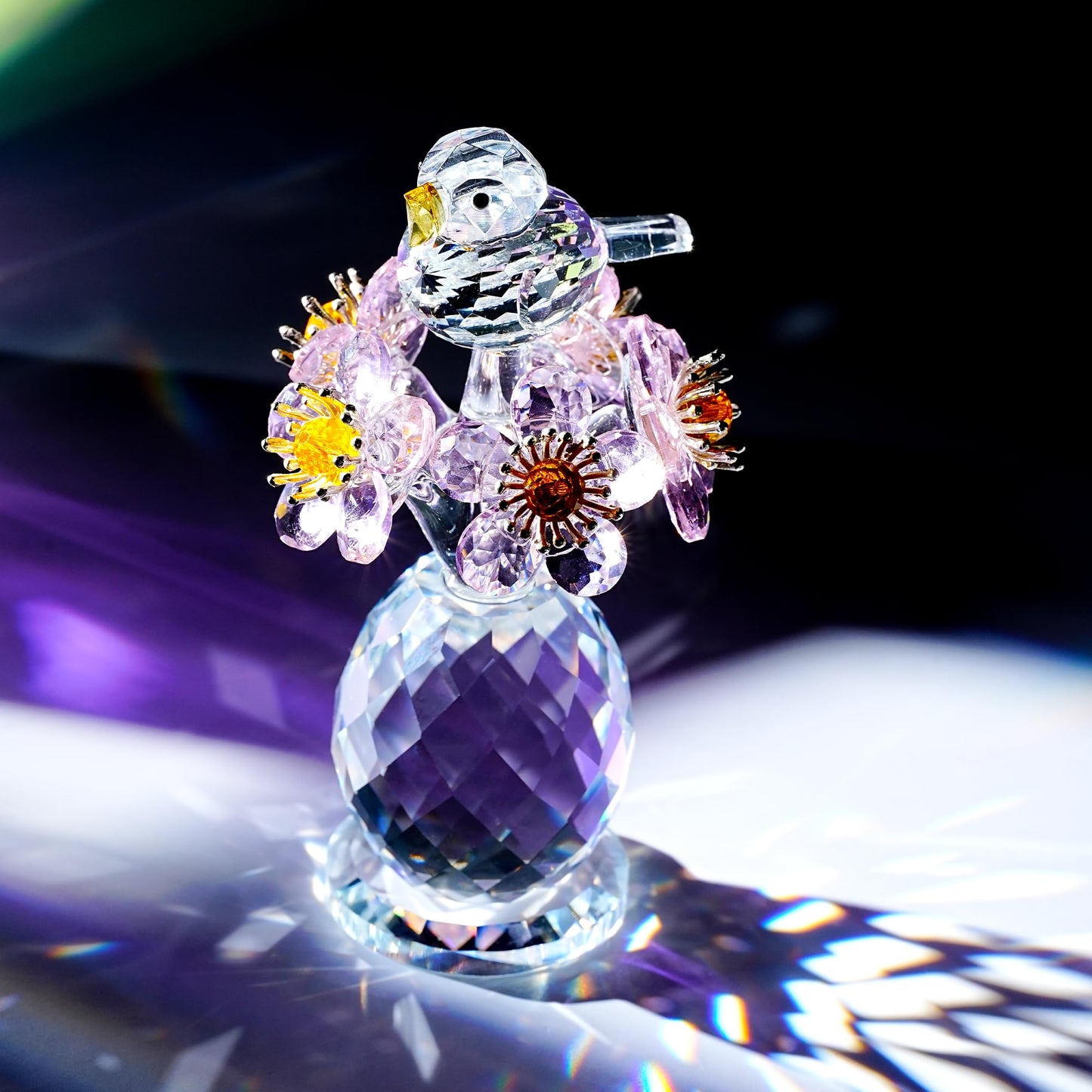 CNCRMEM Crystal Bird & Forget-Me-Not Flower Figurine,3x4 inch Glass Flower Collectible Ornaments for Home Decor Table Centerpiece Glass Bouquet Flowers Keepsake Gifts for Women （Pink）