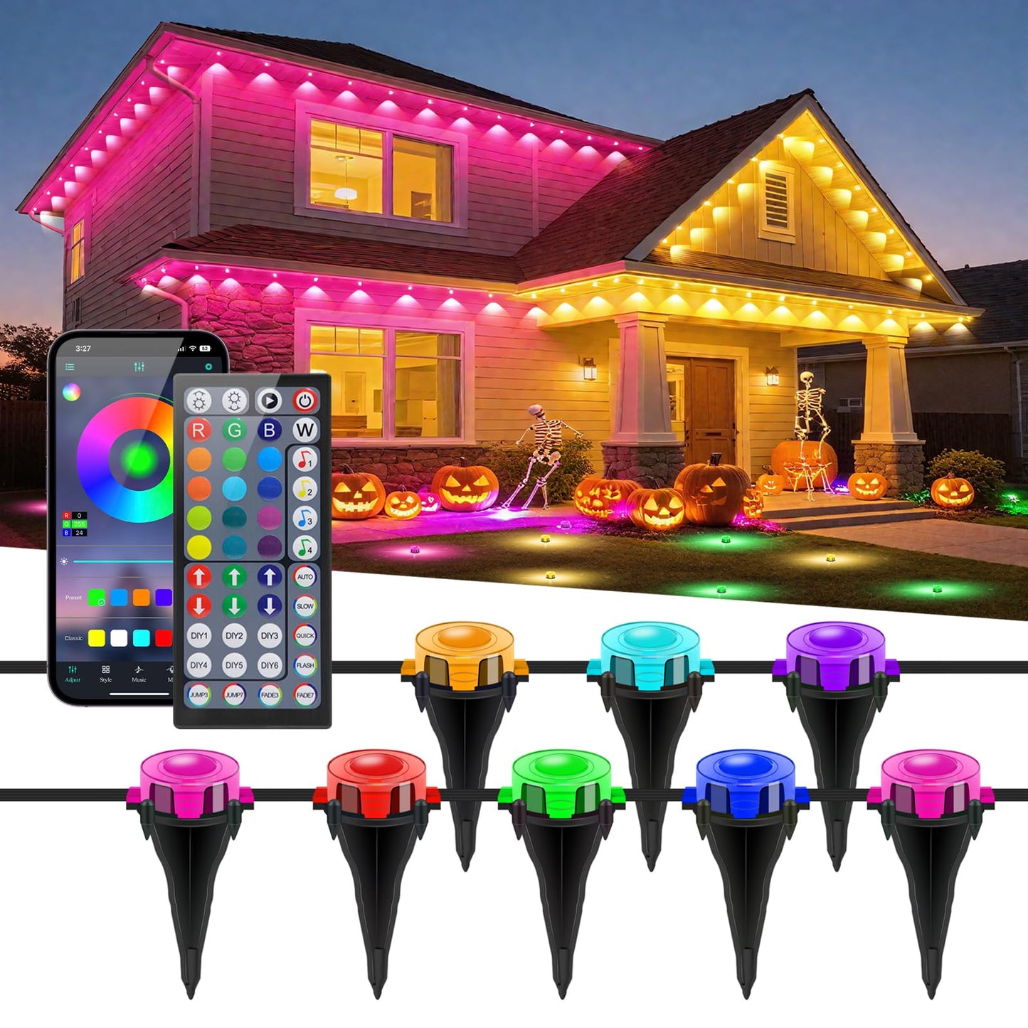 KISUFU 200ft RGB+CCT Permanent Outdoor Lights for House, 24V 60W IP67 Outdoor Ground Lights, 60-Pack Pathway Light for Valentine Christmas Garden Yard Walkway