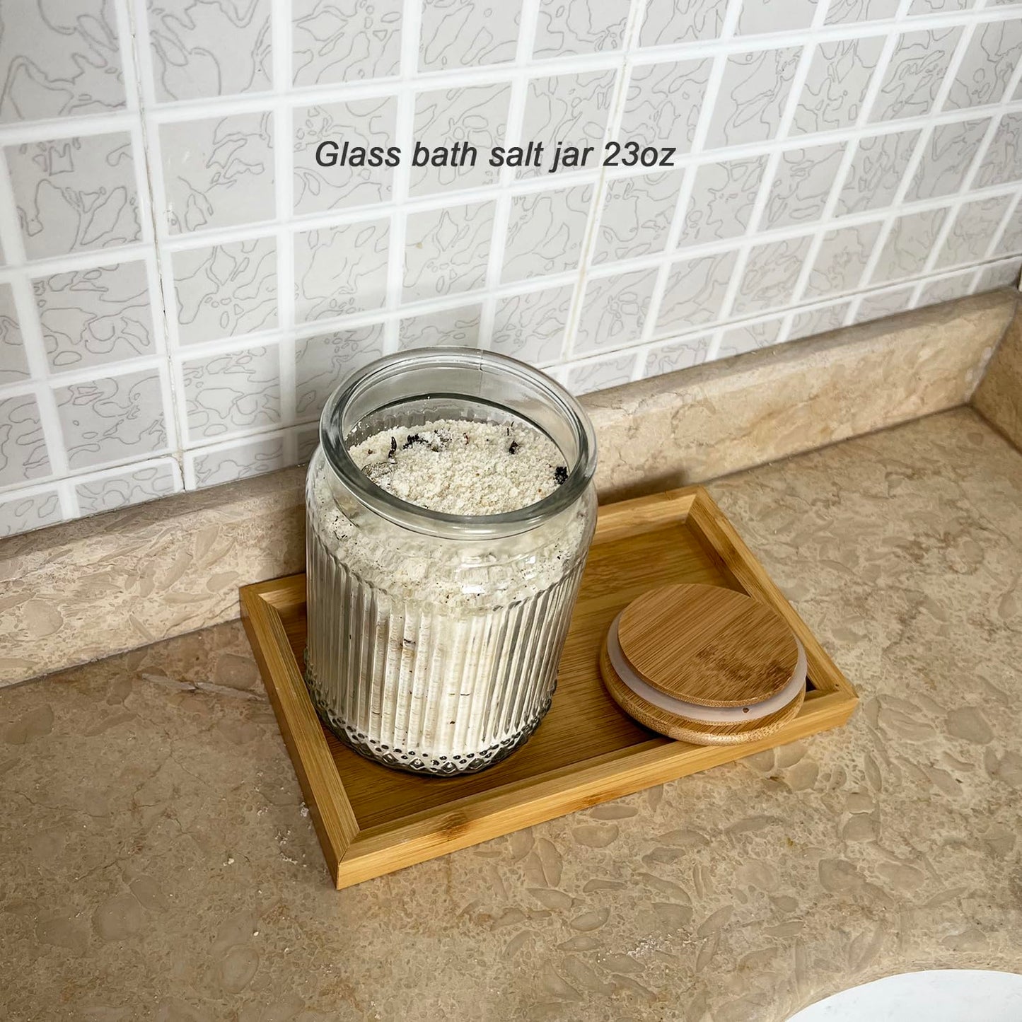 BEECO GIF2U Decorative Glass Containers Canisters with Airtight Wooden Lids 2 PACK,Food Jar for Kitchen,Bathroom Bath Salts Decor Organizers Countertop Holder with Vanity Tray (Stripe Embossed, 23oz)