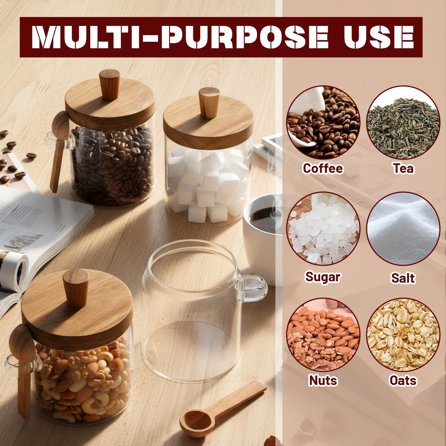 Remerry Set of 6 Glass Jar with Wooden Lid and Spoon, 13.5 oz Coffee Bean Tea Sugar Jar Set, Clear Airtight Spice Canisters Glass Food Storage Kitchen Containers for Coffee Bean Tea Sugar