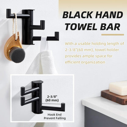APLusee Swivel Towel Hook, 304 Stainless Steel Foldable Clothes Hook with Multi Three Rotating Arm, Flexible Bathroom Kitchen Storage Hanger Wall Mounted, Matte Black