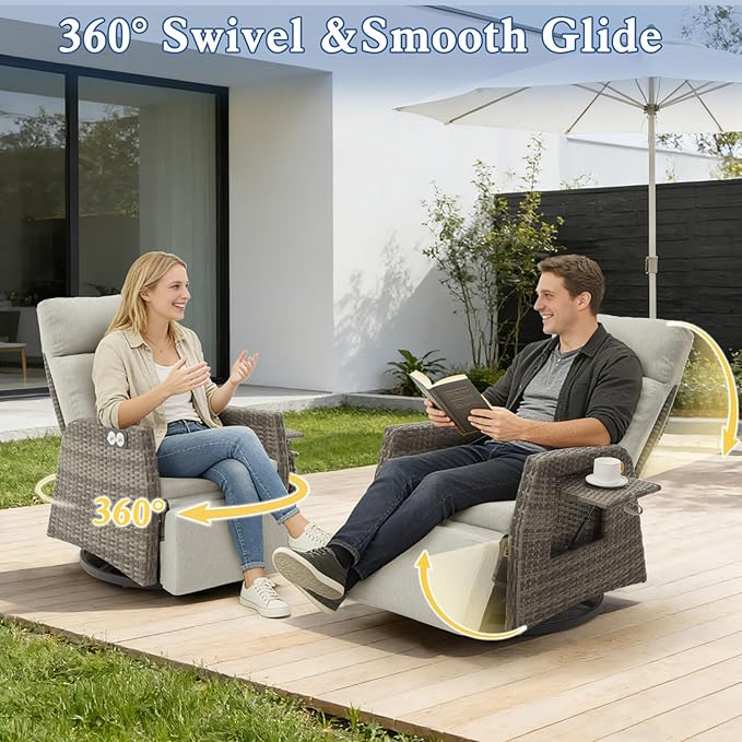 Adjustable Outdoor Recliner Chair with Independent Backrest & Footrest, Patio Swivel Recliner Chair, Wicker Reclining Patio Chair w/Flip-Up Table, 155° Lay Flat Chaise Lounge, Gray, 2PCS