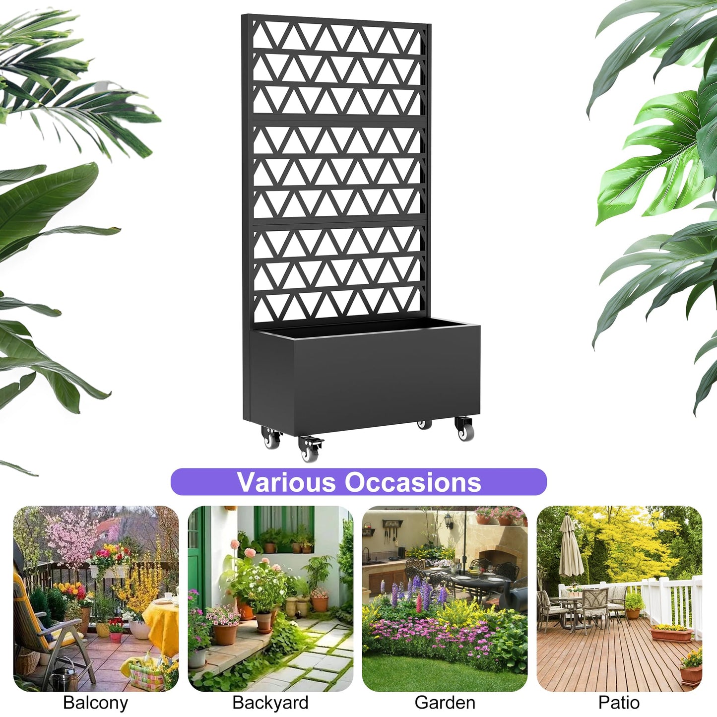 Mobile Planter Box with Trellis, 72H x 35.8W x 16.1D inches, Trellis Privacy Screen for Climbing Plants, Vegetables, Vines, Weather-Resistant Metal Frame, Rolling Wheels