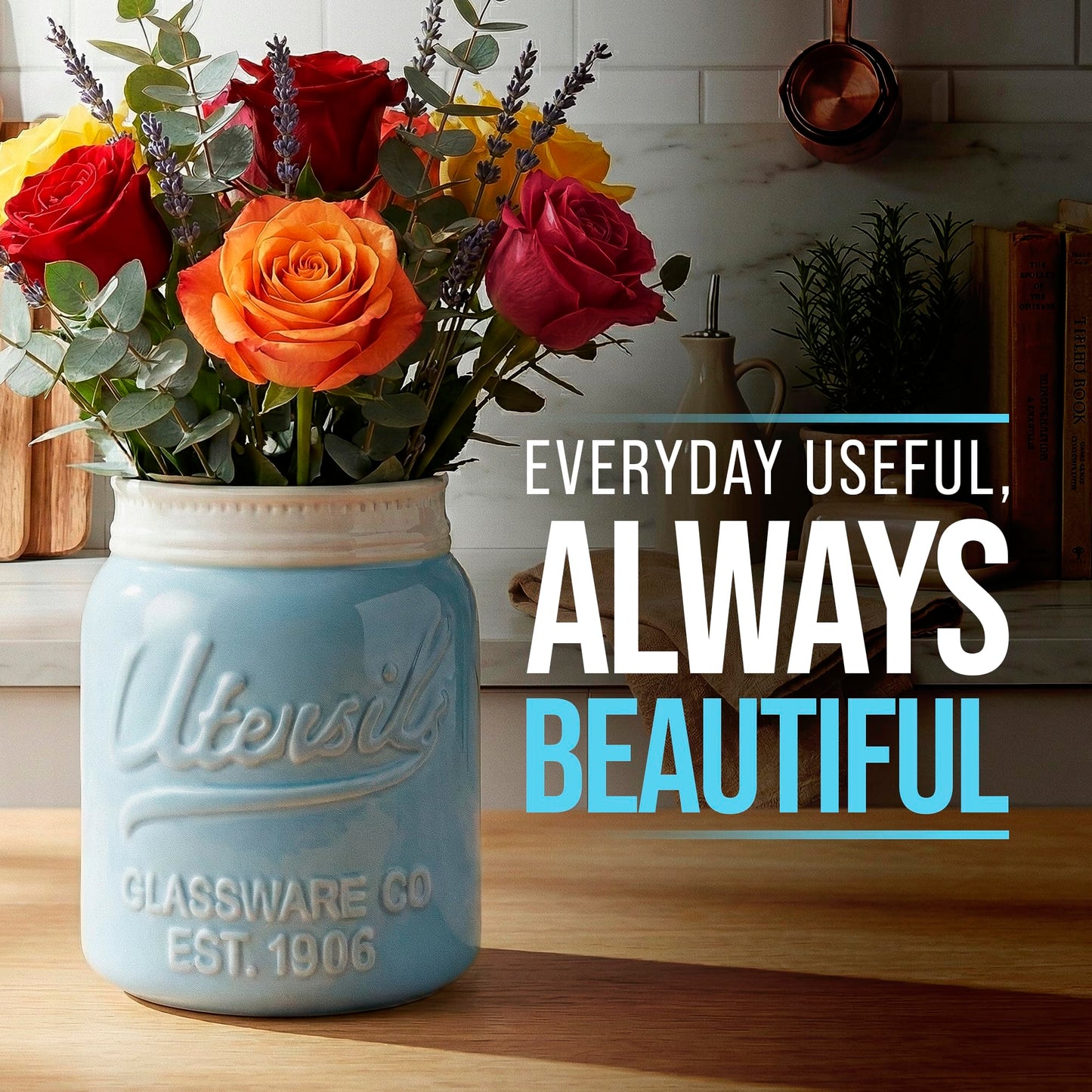 Comfify Blue Mason Jar Utensil Holder – Wide Mouth Ceramic – Farmhouse