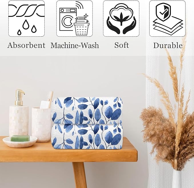 Blue Eucalyptus Leaves Bathroom Hand Towel Set of 2, Watercolor Botanical Plant