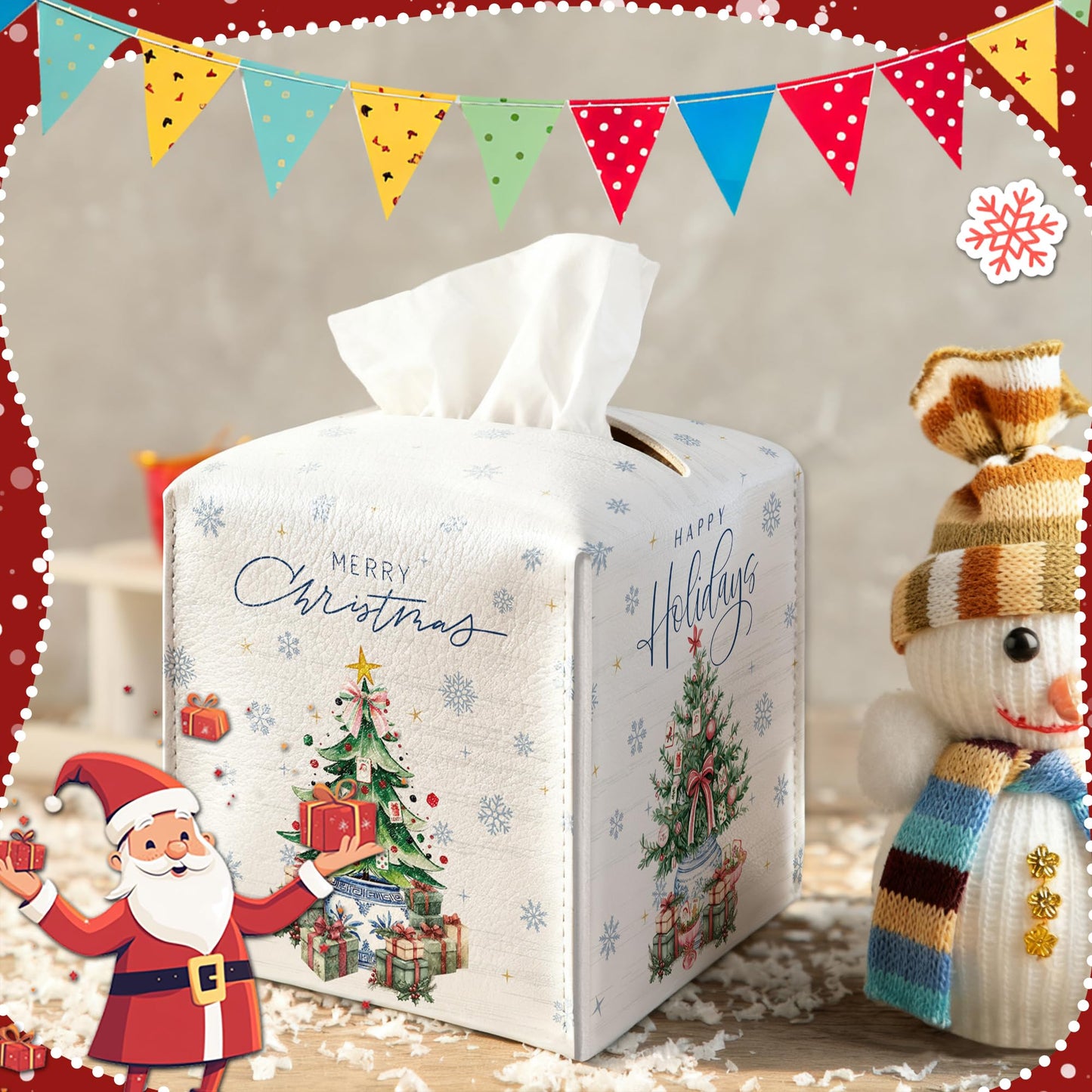 Christmas Tissue Box Cover Square, Snowflake Christmas Tree Decorative Tissue Box Holder, Waterproof Leather Tissues Boxes Dispenser for Bathroom, Office, Car, Bedroom Nightstand, Home Decor