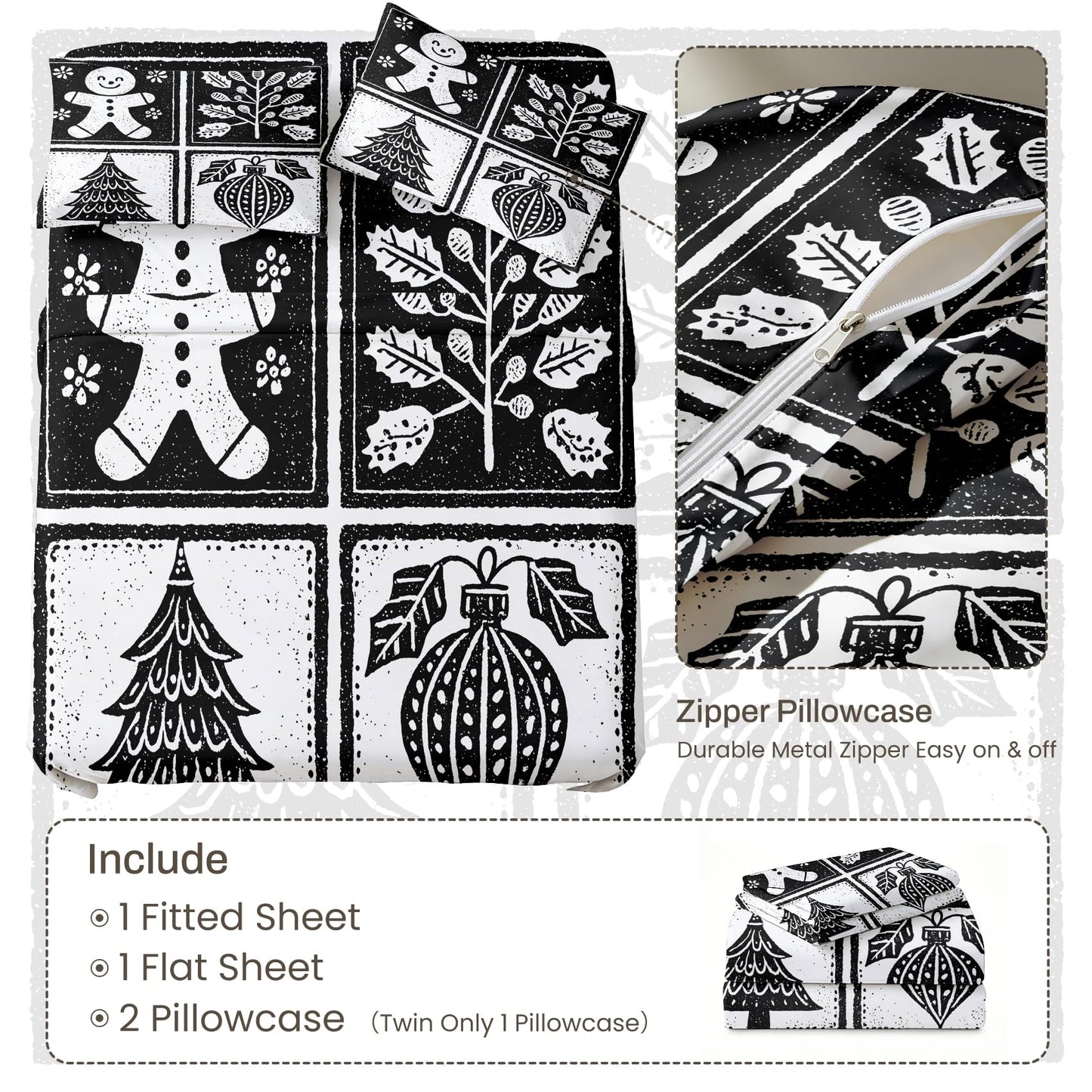 Gingerbread Man Sheet Set, 3 Pcs Twin Size Xmas Bed Sheets, Black White