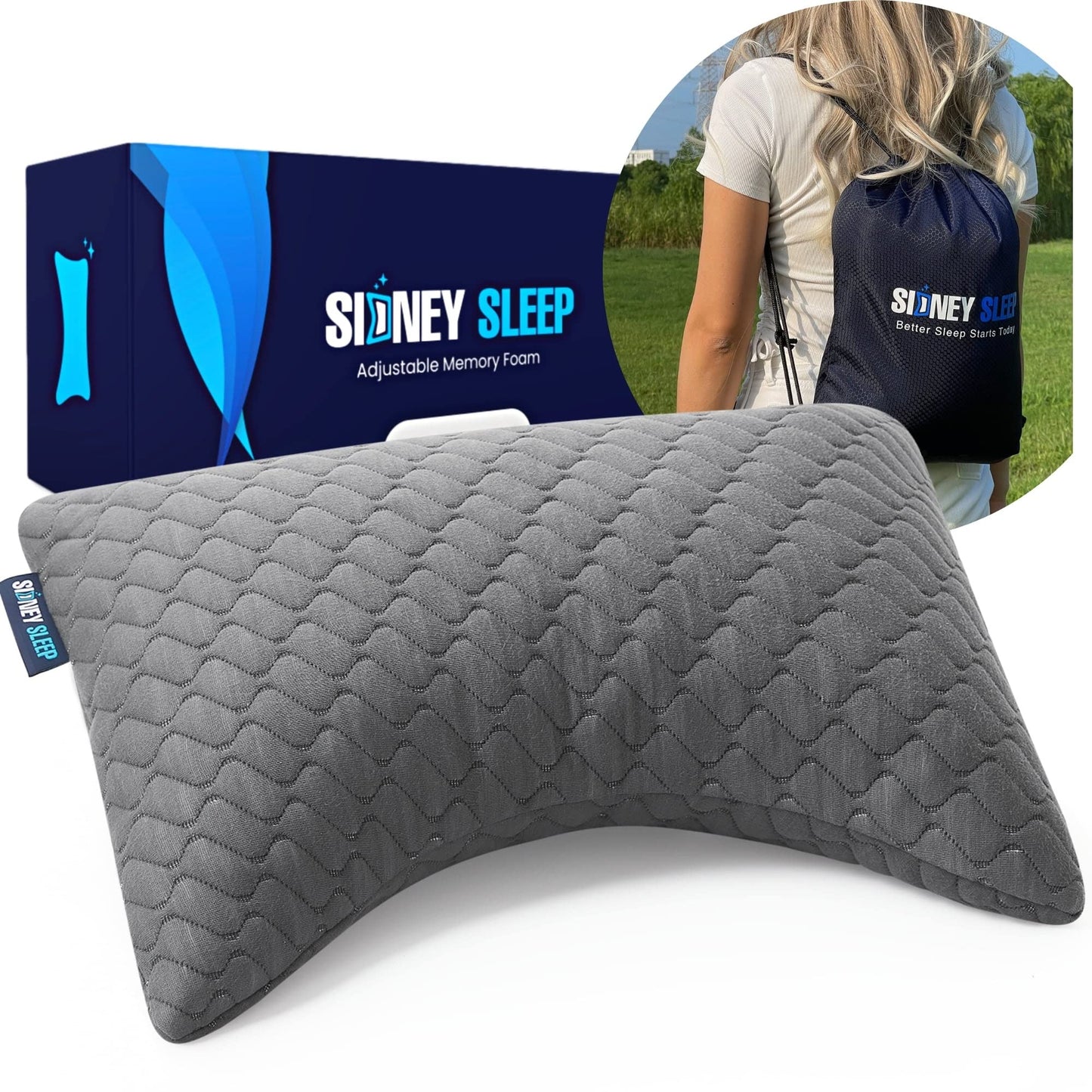 Sidney Sleep Mini Travel Size Neck Pillow - Knee, Back Lumbar and Support - Small Curved Pillow - 14 x 19 Inches - Adjustable Loft - Washable - Drawstring Backpack Included (Mini - Grey)