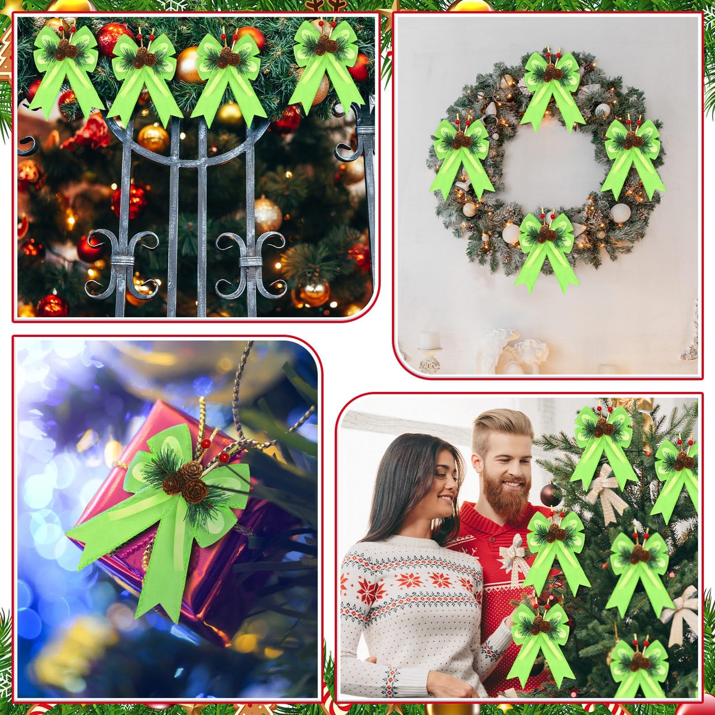 Syhood 6 Pcs Christmas Velvet Bow with Pine Cones Pine Needles Berries Xmas Lime Green Ribbon Bow Ornaments 6.3 x 5.1 Inch for Christmas Tree Wreath Garden Fireplace Crafts DIY Decor