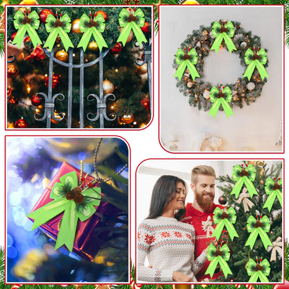 Syhood 6 Pcs Christmas Velvet Bow with Pine Cones Pine Needles Berries Xmas Lime Green Ribbon Bow Ornaments 6.3 x 5.1 Inch for Christmas Tree Wreath Garden Fireplace Crafts DIY Decor