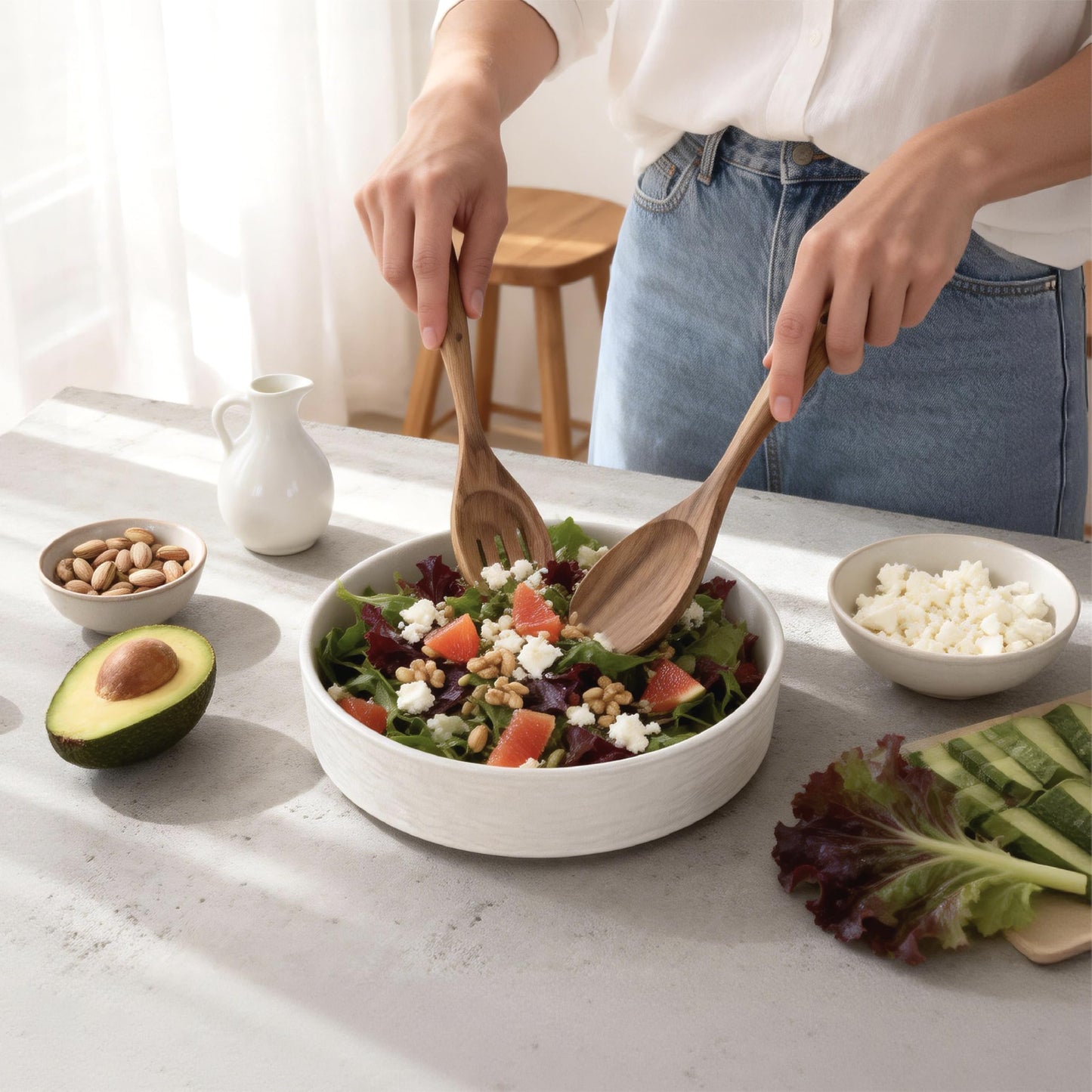 seicasaya 10 Inch Ceramic Salad Bowl with Acacia Wood Serving Spoon and Fork Set High Temperature Fired Stone Texture Large Serving Bowl for Pasta Fruit Popcorn Modern Centerpiece Bowl (White)