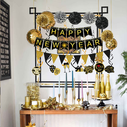 Famoby Happy New Year Banner Pom poms Triangle flag Swirls Garland Hanging Bunting for Happy New Year Party Decorations