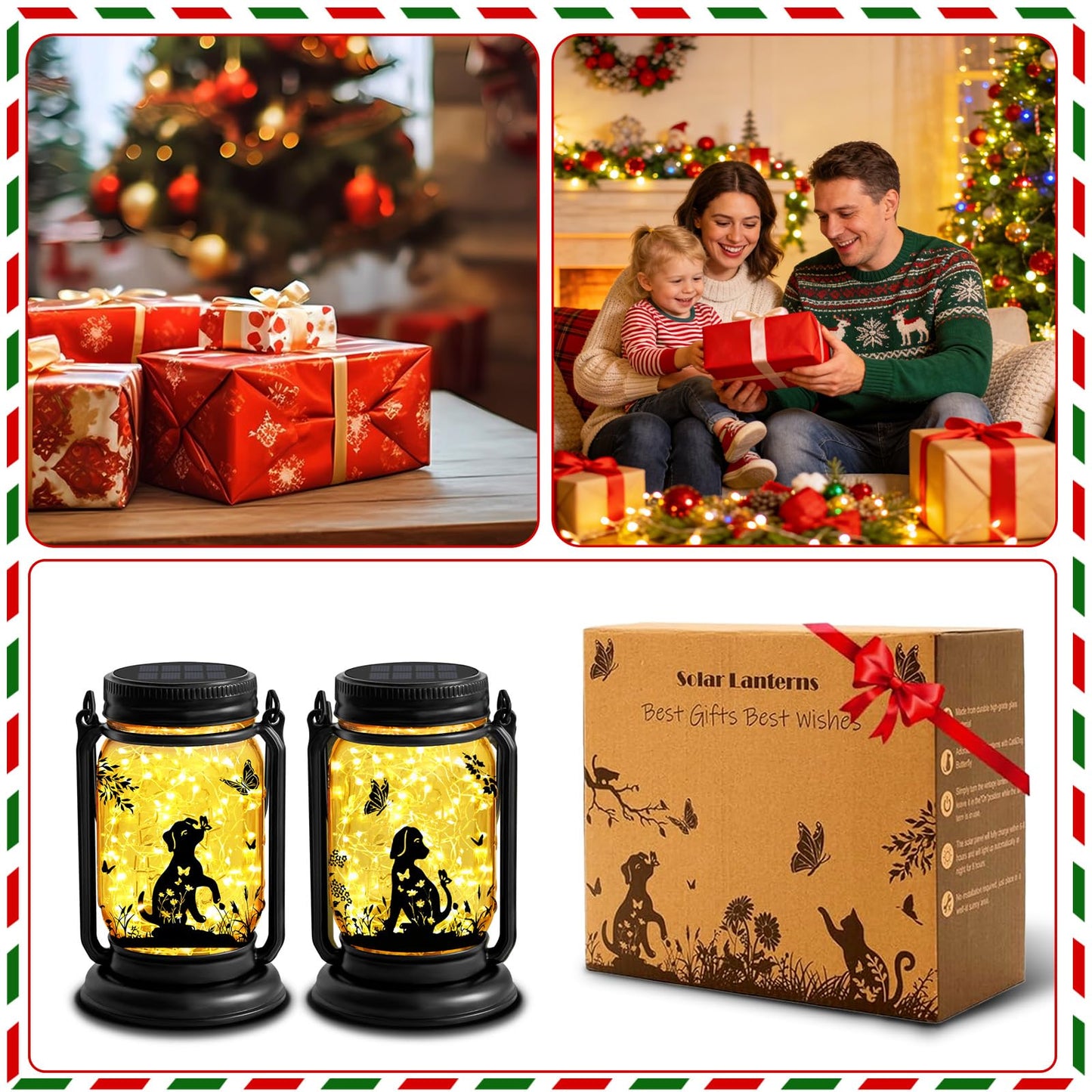 2 Pack Dog Solar Lanterns, Outdoor Hanging 3in1 Solar Lantern with Stake, Birthday Gifts for Mom, Grandma, Women Dog Lover, Dog Butterfly Mason Jar Waterproof LED Lights for Yard Lawn Garden Decor