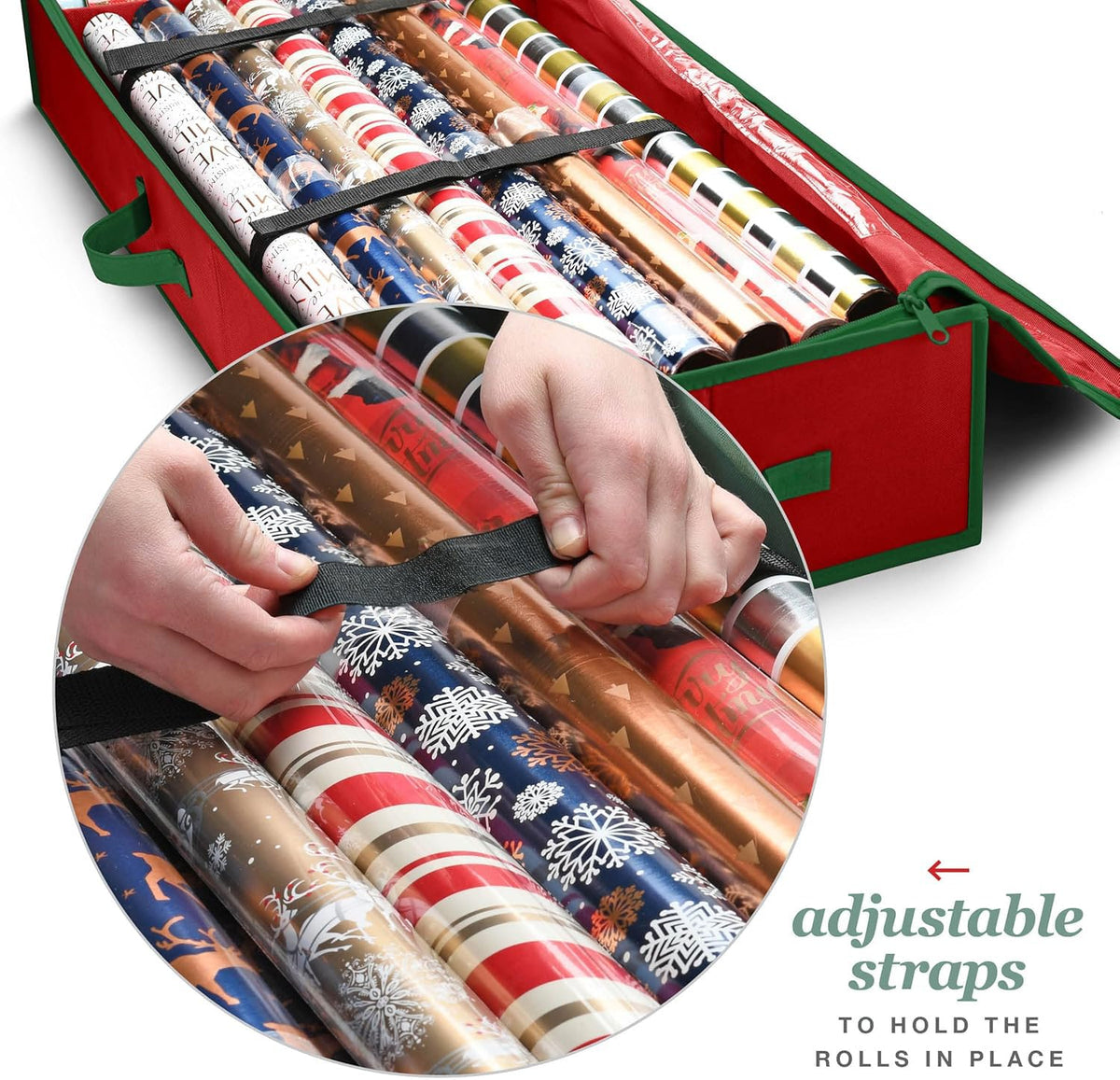 Premium Wrapping Paper Organizer Storage | Gift Wrap Holder With Extra Pockets for Christmas Decorations, Reinforced Handles, Heavy Duty, Ultra-Durable, Tear-Proof Fabric - Fits Up to 27 Rolls (Red)