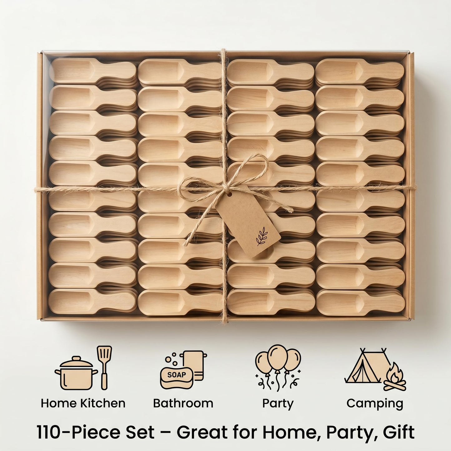 QHLMZR 110Pcs-Mini Wooden Spoon, Wooden Scoop, Small Spice Spoon for Bath Salts, Sugar Scrub, Cooking, Coffee, Tea, Candy, Crafts, Party, Kitchen and Home Use (Natural Wood)