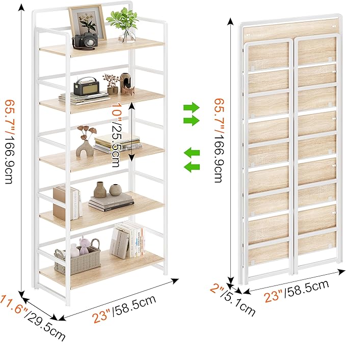 No Assembly Folding Bookshelf, 5 Tiers Collapsible Book Shelf
