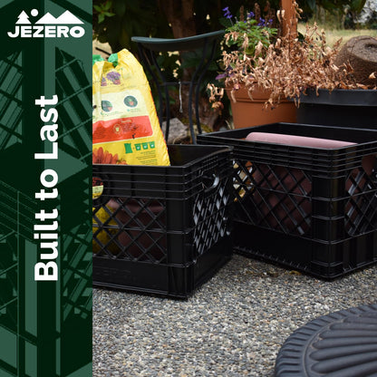 JEZERO 20 Quart 4-Pack Heavy Duty Plastic Crate | Stackable Multi-Purpose Storage Bin for Garage, Home, Office, Groceries, Outdoor, Camping & Kayaking | Black Utility Tote, 17" x 13" x 11"