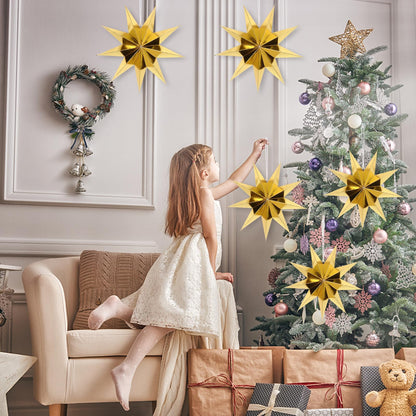 BestoFun 12 Inches 5 PCS Gold Paper Star Lanterns Christmas Party Decorations Hanging Stars Wedding Birthday Christmas Home Party Decorations(9 Pointed)