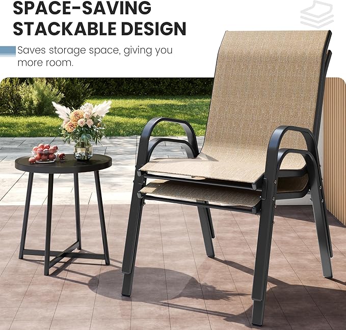Patio Dining Chairs Set of 4, Outdoor High Stacking Chairs for All Weather, Breathable Seat Fabric and Alloy Steel Frame for Backyard, Porch, Garden (Brown)