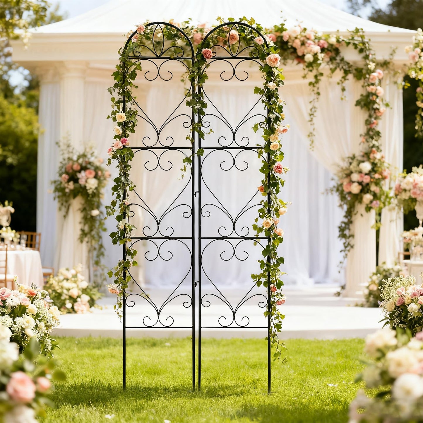 XYCCRX 2PCS Metal Garden Trellis for Climbing Plants Outdoor, Heavy-Duty Cucumber Tomato Trellis for Raised Garden Bed, Decorative Wrought Iron Trellis Arch for Wedding Party Decor