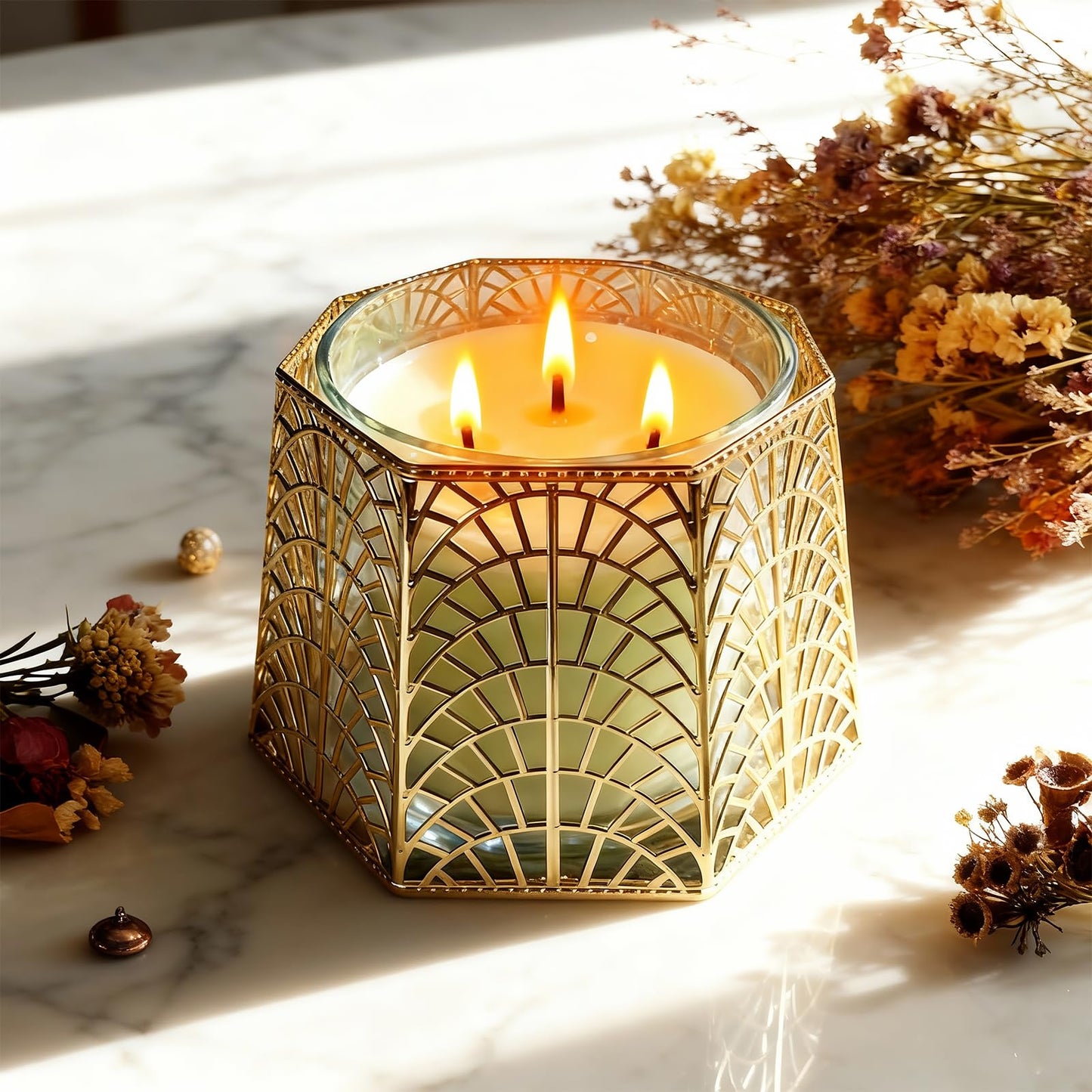 Dorephine 3 Wick Candle Holder, Golden Shell Design Candle Jar Holder for 4-Inch Diameter Jars (5.25" D x 3.5" H) (Golden)