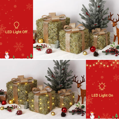Garveehome Set of 3 Christmas Lighted Gift Boxes, Pre-Lit Gift Present Boxes with Ribbons and Bows, Light Up Xmas Ornaments for Indoor Outdoor Christmas Tree, Home, Yard, Lawn, Gold