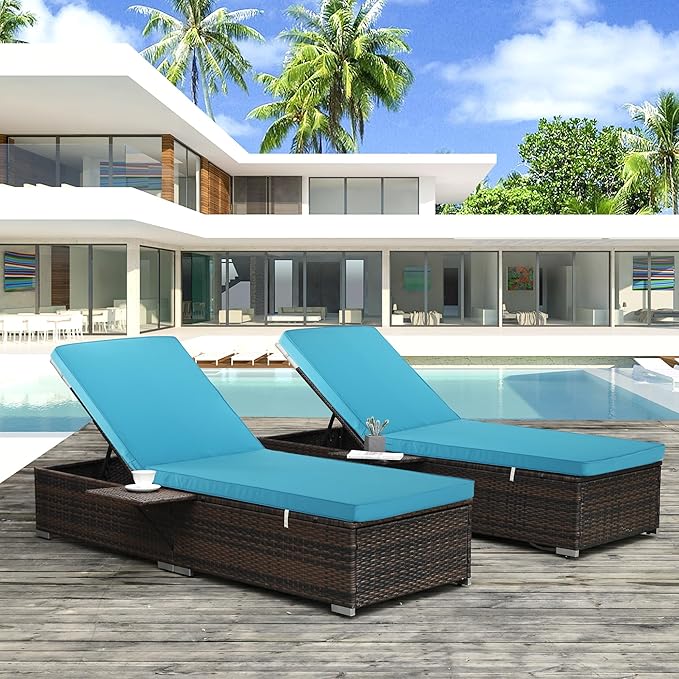Outdoor Chaise Lounge Cushion Set of 2, Fadesafe Water-Repellent Lounge Deck