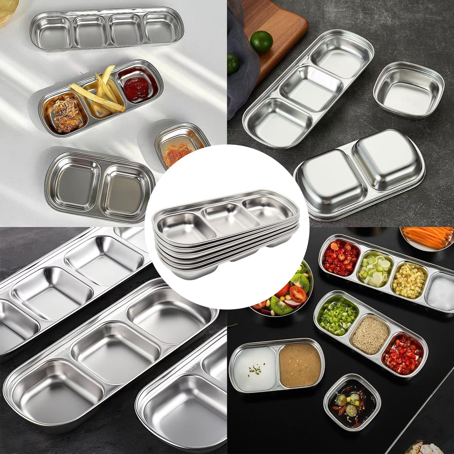 Mormchlots 6pcs 8inch Stainless Steel Divided Dip Bowls,Sauce Bowl Korean Ketchup Bowl,Compartment Condiment Tray for Home/Restaurant (Silver, Triple Dipping Bowl)
