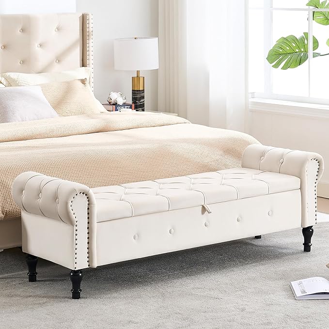 Storage Bench for Bedroom, Velvet 67" End of Bed Bench, King Size Bench