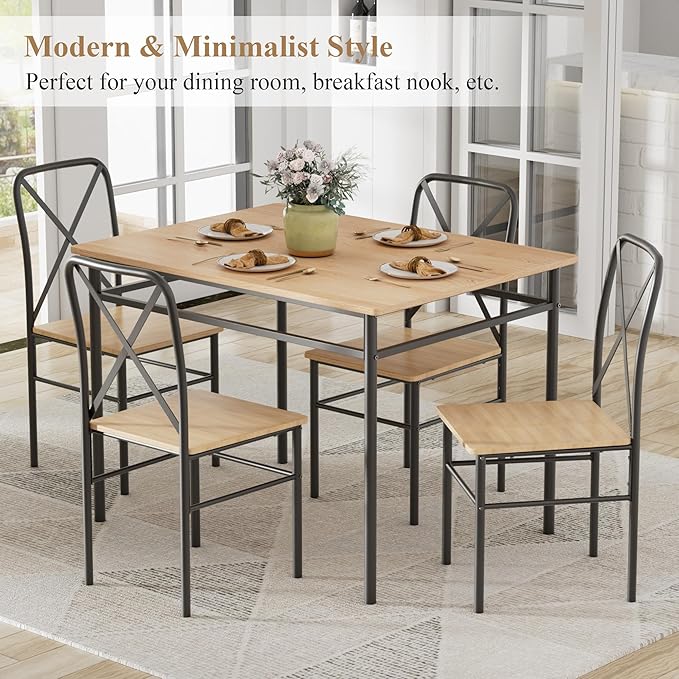 VECELO Dining Table Set for 4, 5-Piece Wood Kitchen Table