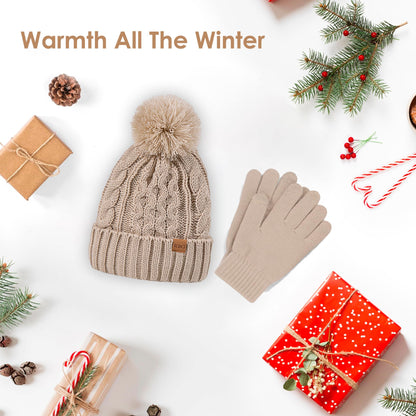 Women Winter Knit Warm Hat Beanie Gloves Set Pom Fleece Lined Hat with Touchscreen Gloves