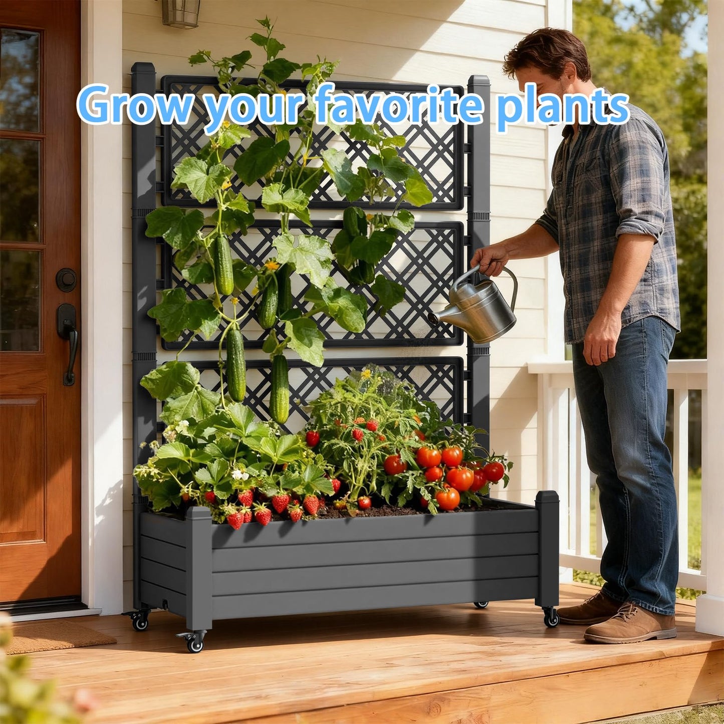 TimberAura 43" x 18" Planter Box with Trellis and Wheels, Large Raised Garden Bed with Cucumber Trellis for Climbing Plants, Outdoor Elevated Planter with Self-Watering & Drain Plug (Black)