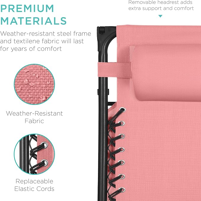 Best Choice Products 30” Wide Folding Zero Gravity Outdoor Recliner Patio Lounge Chair w/Adjustable Canopy Shade, Headrest, Side Accessory Tray - Pink
