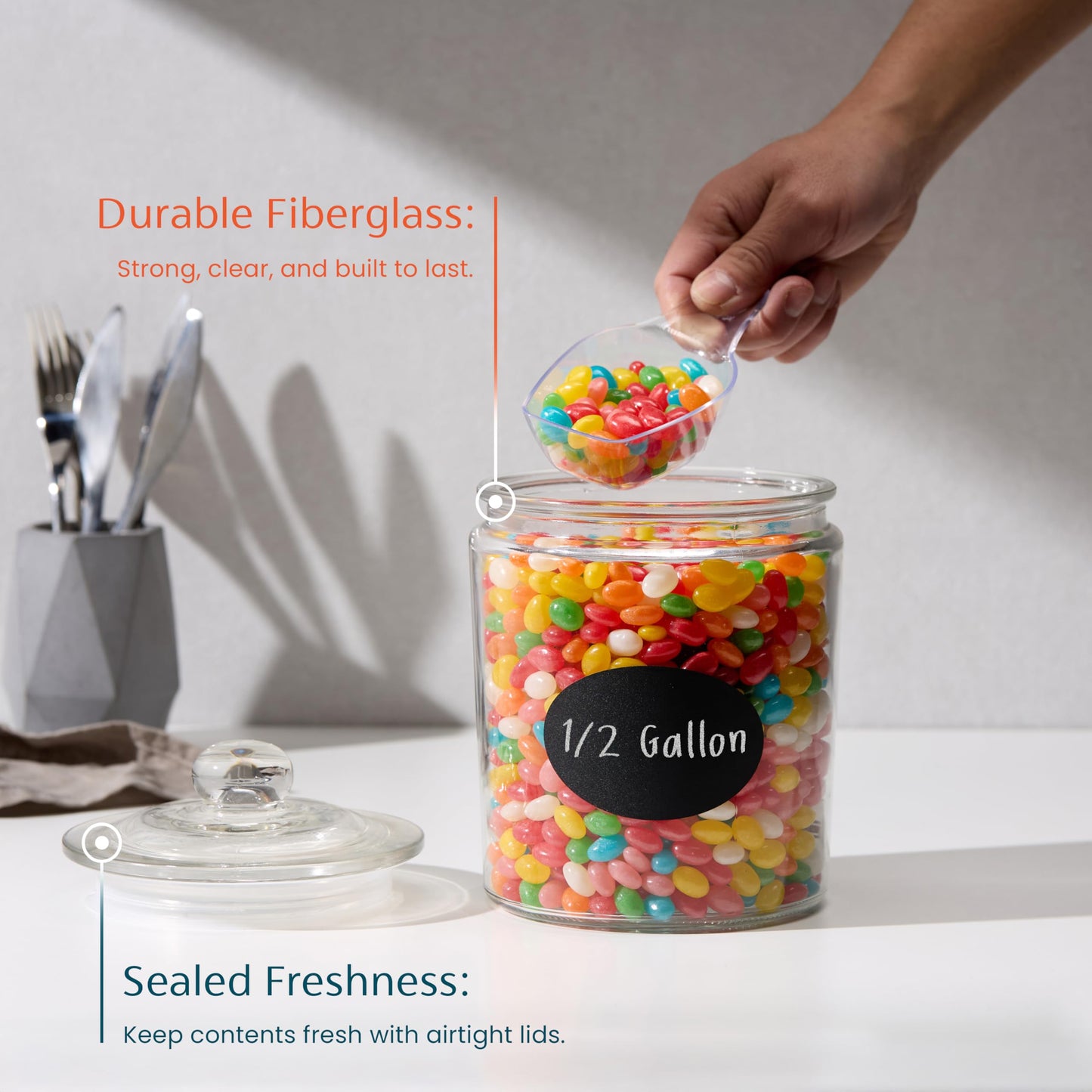 KooK Glass Storage Containers with Lids, 1/2 Gallon, Set of 2, Glass Kitchen Jars, Food & Cookie Storage Containers for Pantry, Bathroom Apothecary Canisters, Dishwasher Safe, Chalk, Label, Scoops